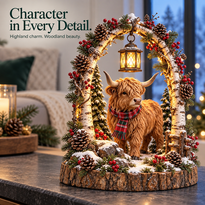 🦬 Highland Cow Christmas Woodland Lantern Decor 🎄 – Rustic Lighted Farmhouse Winter Tabletop Decoration 🎁
