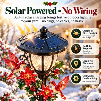 Solar Hummingbird Pathway Light – LED Christmas Garden Stake with Poinsettia Holiday Decor