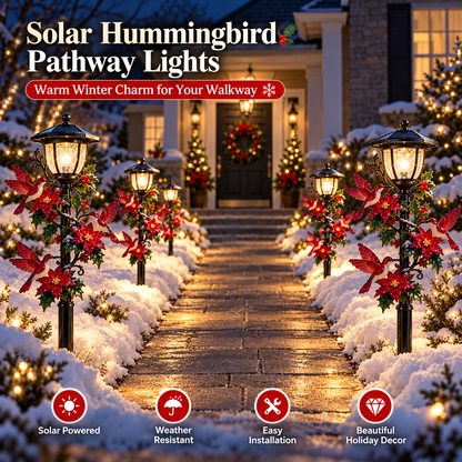 Solar Hummingbird Pathway Light – LED Christmas Garden Stake with Poinsettia Holiday Decor