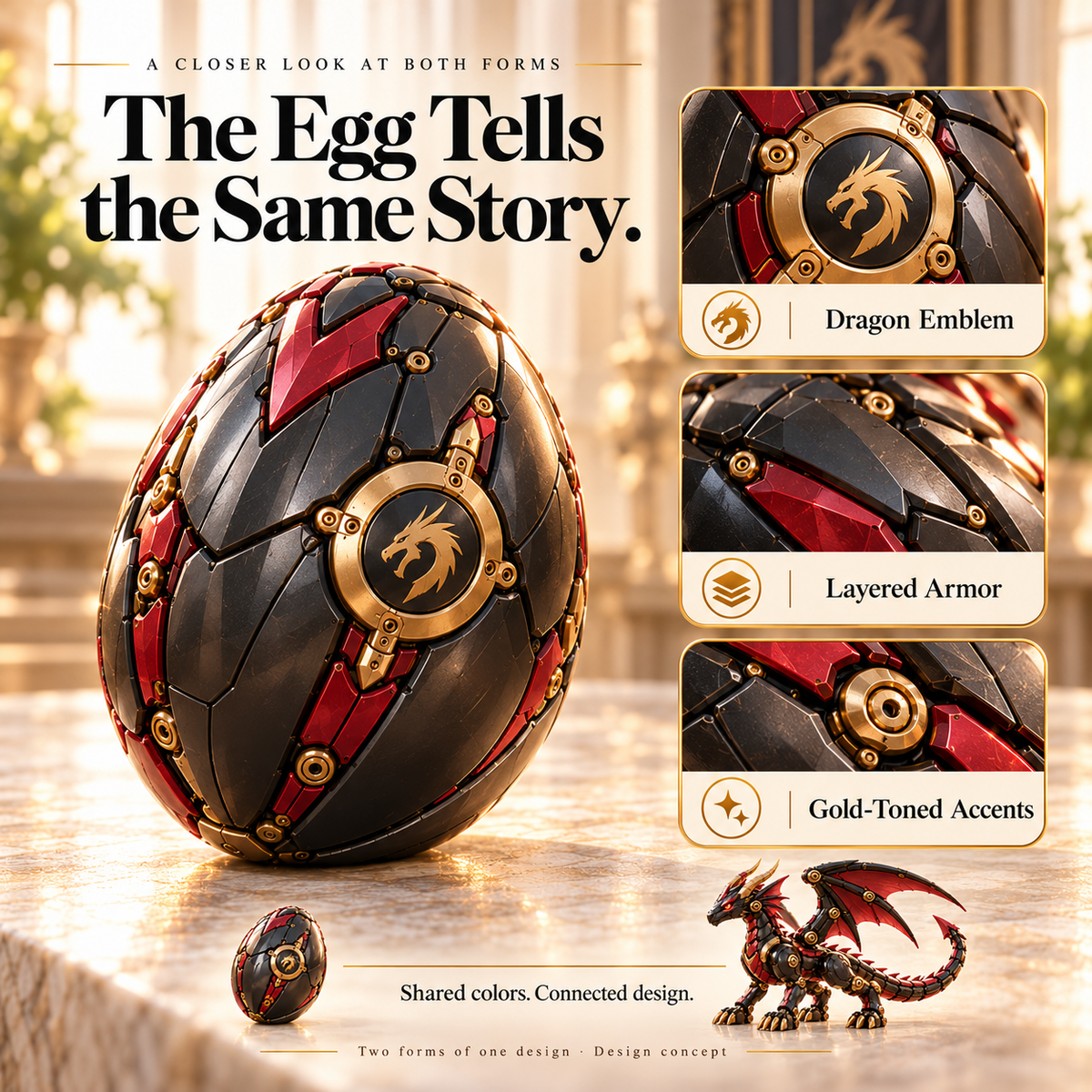 Armored dragon egg with circular emblem and contrasting trim