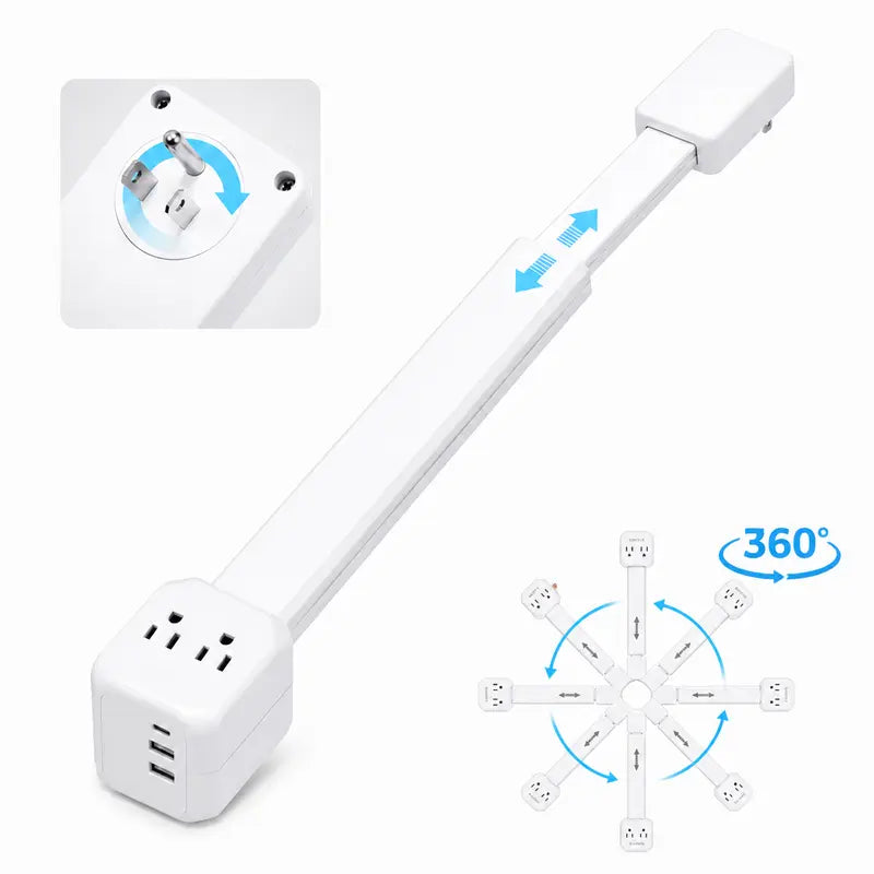🔌 5-in-1 Rotating Outlet Extender with USB-C – Adjustable 17"–26" Power Hub for Easy Access Behind Furniture