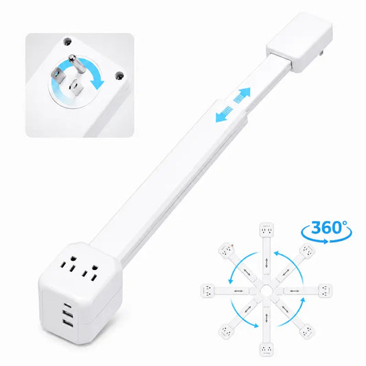 🔌 5-in-1 Rotating Outlet Extender with USB-C – Adjustable 17"–26" Power Hub for Easy Access Behind Furniture