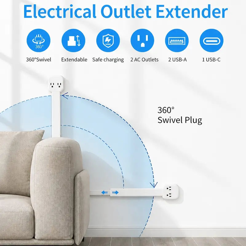 🔌 5-in-1 Rotating Outlet Extender with USB-C – Adjustable 17"–26" Power Hub for Easy Access Behind Furniture