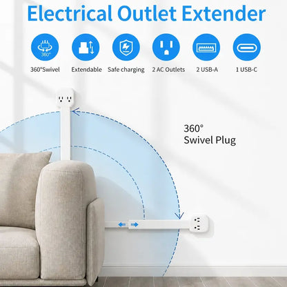 🔌 5-in-1 Rotating Outlet Extender with USB-C – Adjustable 17"–26" Power Hub for Easy Access Behind Furniture
