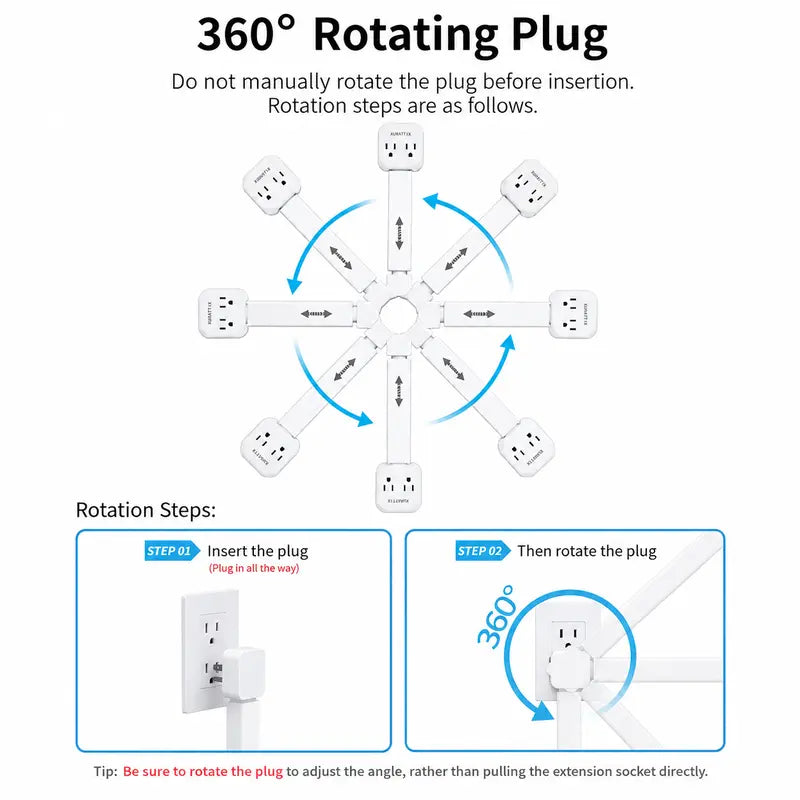 🔌 5-in-1 Rotating Outlet Extender with USB-C – Adjustable 17"–26" Power Hub for Easy Access Behind Furniture