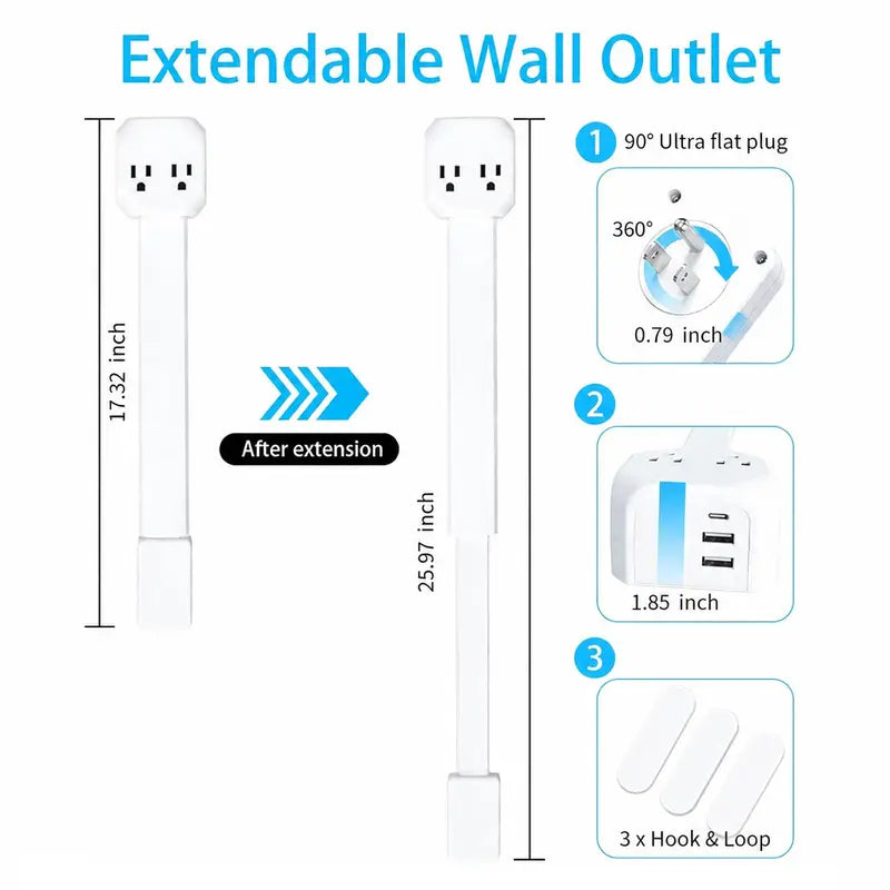 🔌 5-in-1 Rotating Outlet Extender with USB-C – Adjustable 17"–26" Power Hub for Easy Access Behind Furniture
