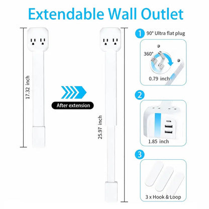 🔌 5-in-1 Rotating Outlet Extender with USB-C – Adjustable 17"–26" Power Hub for Easy Access Behind Furniture