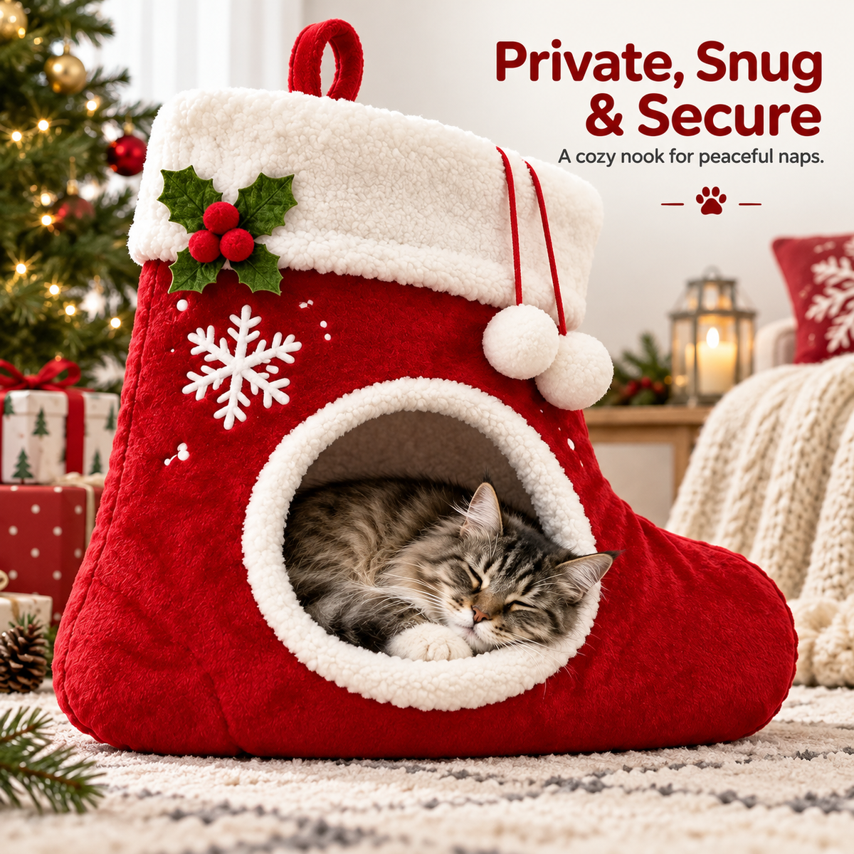 🎄 Christmas Stocking Cat Bed – Ultra-Soft Sherpa Cozy Hideaway for Cats 🐱