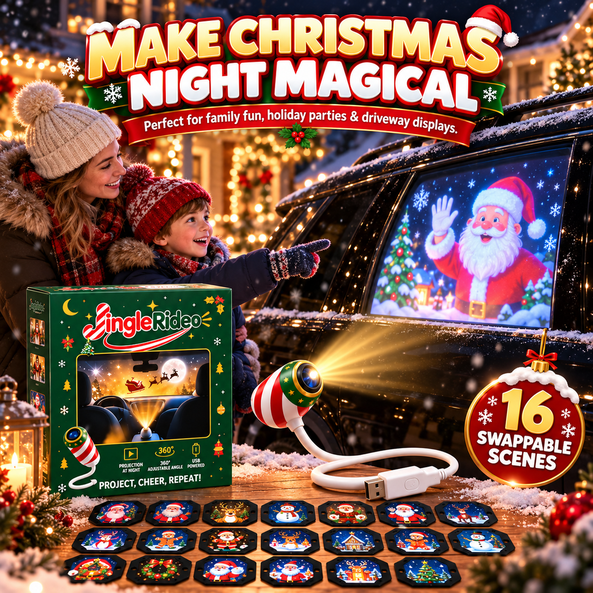 🎄 16-Scene Christmas Car Window Projector — 1 Projector + 16 Interchangeable Slides