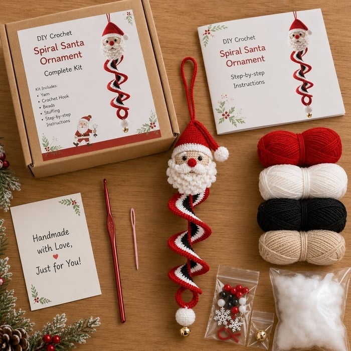 "🔥 LAST DAY 49% OFF – ☃️ Crochet Snowman Spiral Ornament DIY Kit | Complete Beginner-Friendly Set with Soft Yarn, Crochet Hook, Festive Beads, Snowflakes & Step-by-Step Guide 🧶🎄✨"