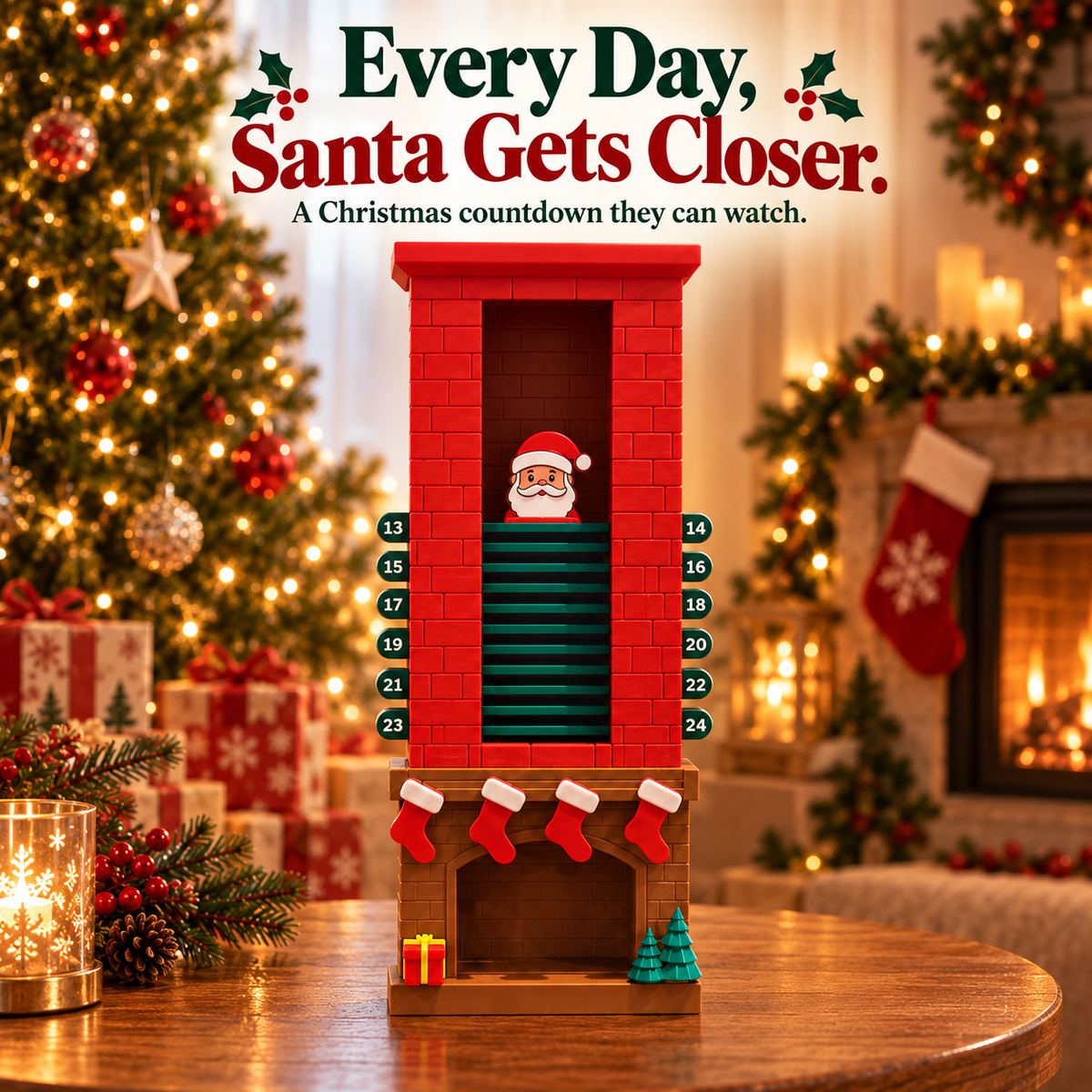 Miniature stockings, trees and gifts decorating the red chimney calendar