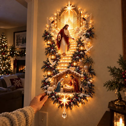 🔥✨ Jesus Light of Heaven Christmas Wall Hanging | Illuminated Nativity Stairway Decor ✝️
