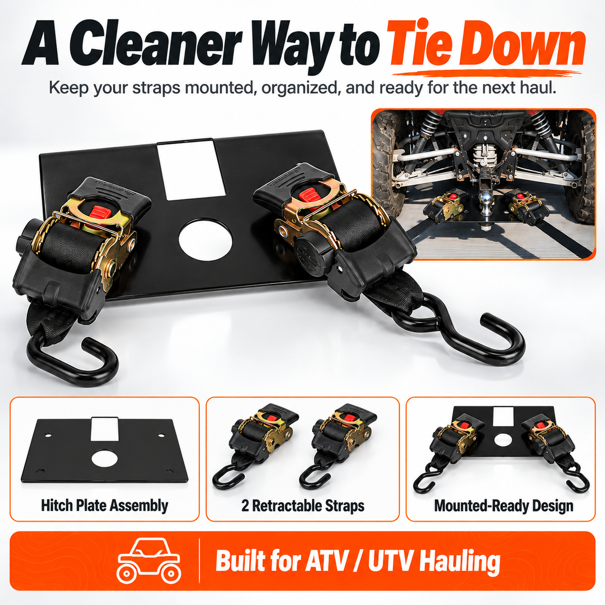 Heavy-Duty Hitch Tie-Down Plate – Dual 1300LB Retractable Ratchet Straps for ATV & UTV Hauling