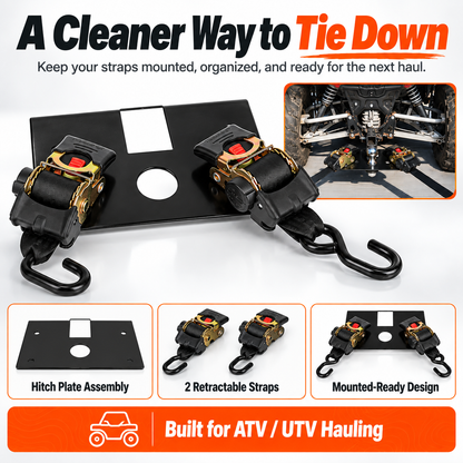 Heavy-Duty Hitch Tie-Down Plate – Dual 1300LB Retractable Ratchet Straps for ATV & UTV Hauling