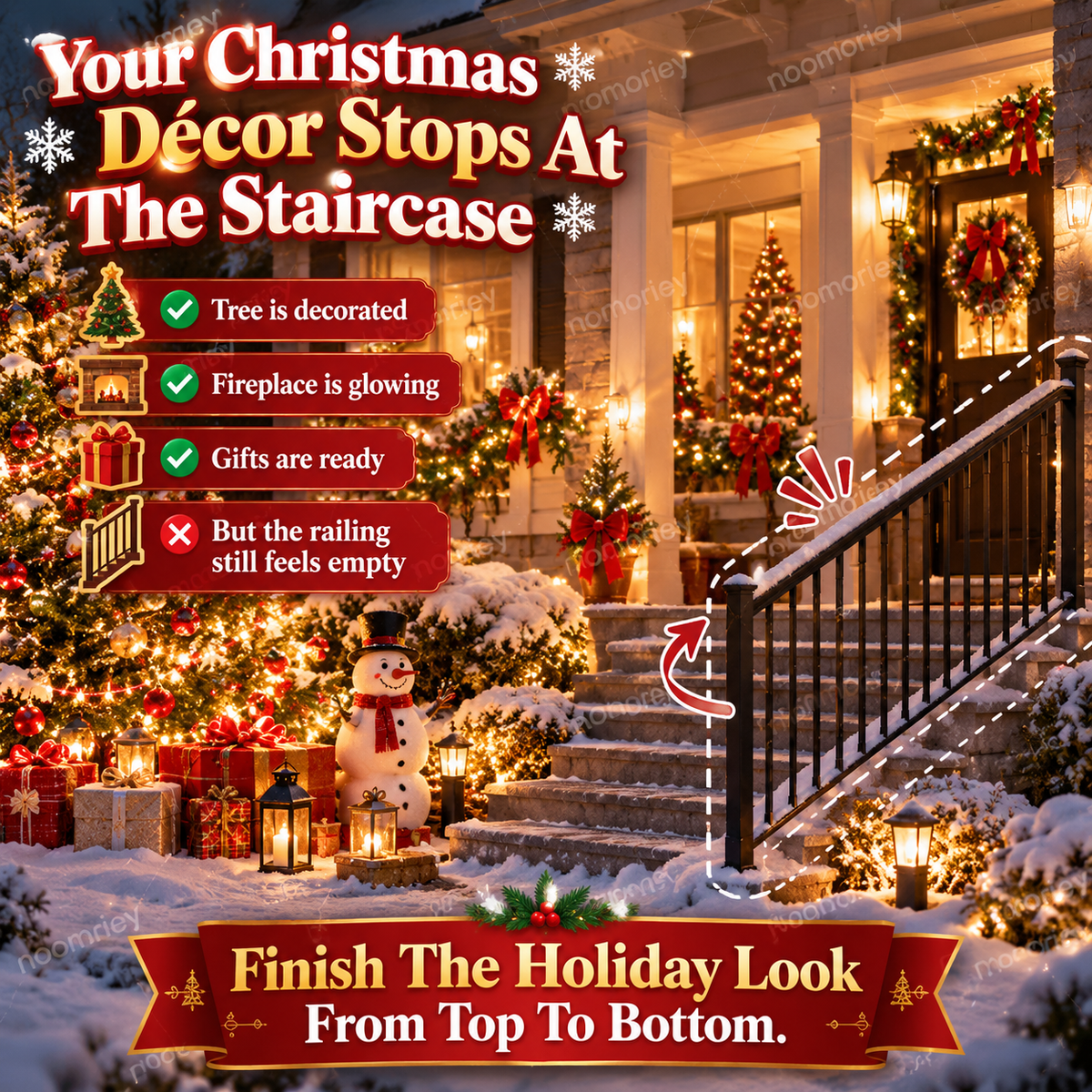 🎅🎄 Illuminated Santa Staircase Railing Christmas Display with Glowing Gift Lights ✨
