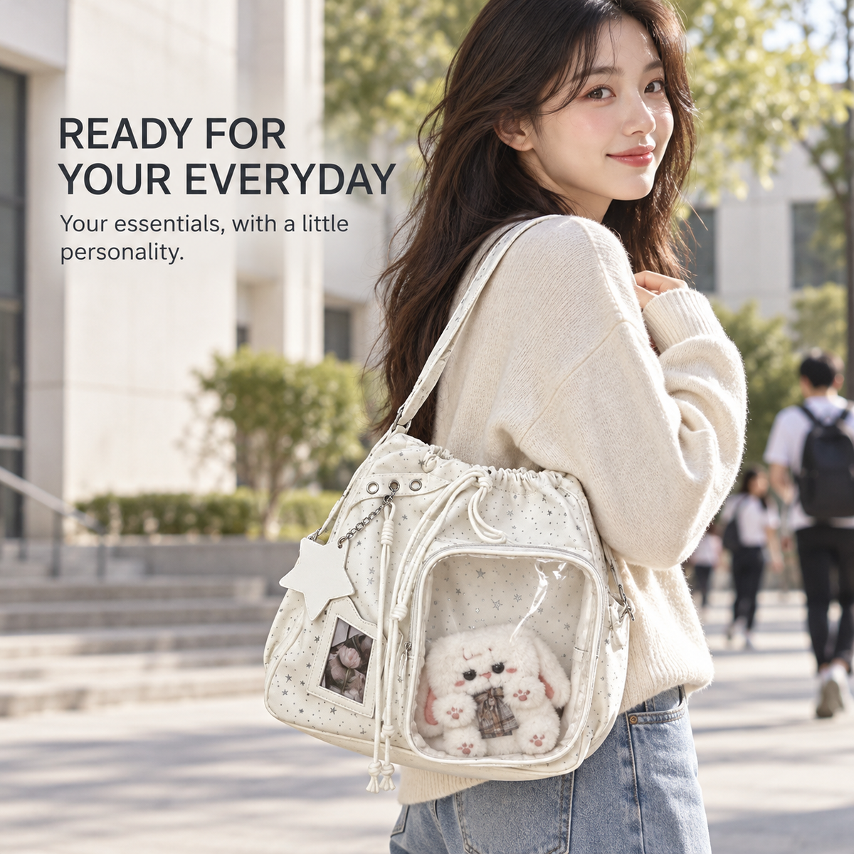 🎒🎒Star Print Ita Shoulder Bag – Clear Display Pocket, Drawstring Closure & Cute Star Charm