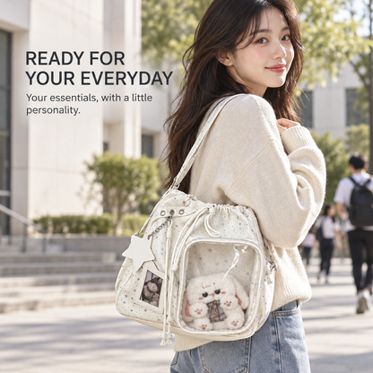 🎒🎒Star Print Ita Shoulder Bag – Clear Display Pocket, Drawstring Closure & Cute Star Charm
