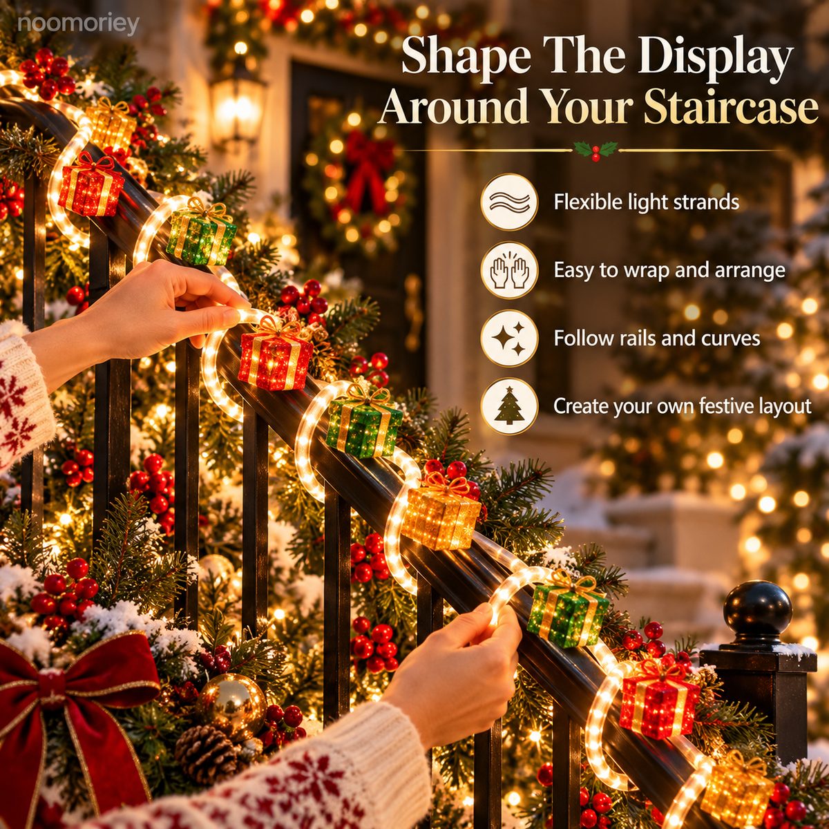 🎅🎄 Illuminated Santa Staircase Railing Christmas Display with Glowing Gift Lights ✨