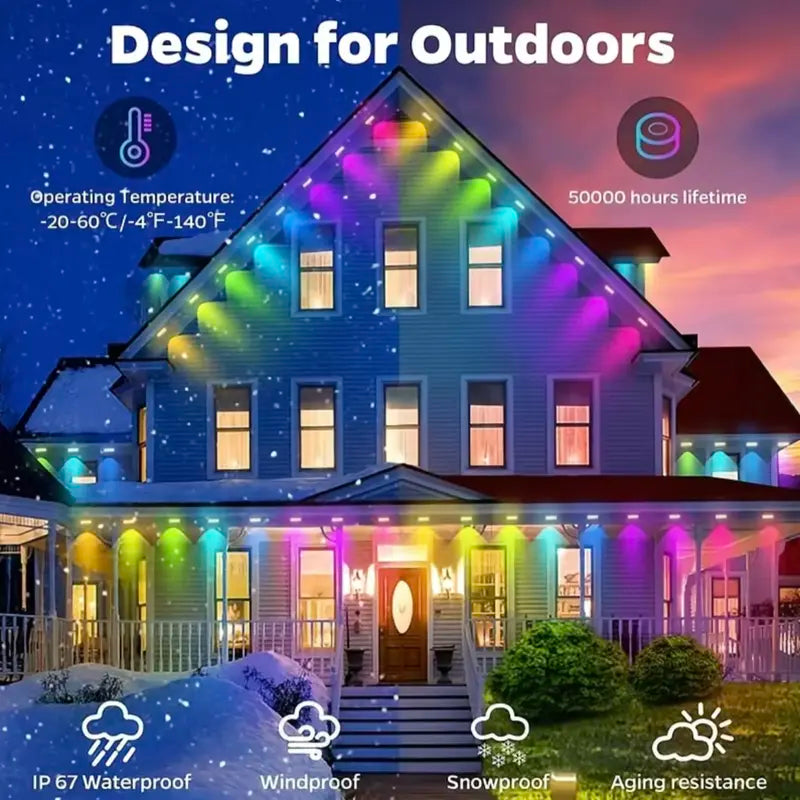 Permanent Outdoor Lights – App-Controlled Color-Changing Eave Lights with Music Sync, IP67 Waterproof Design for Christmas & Halloween