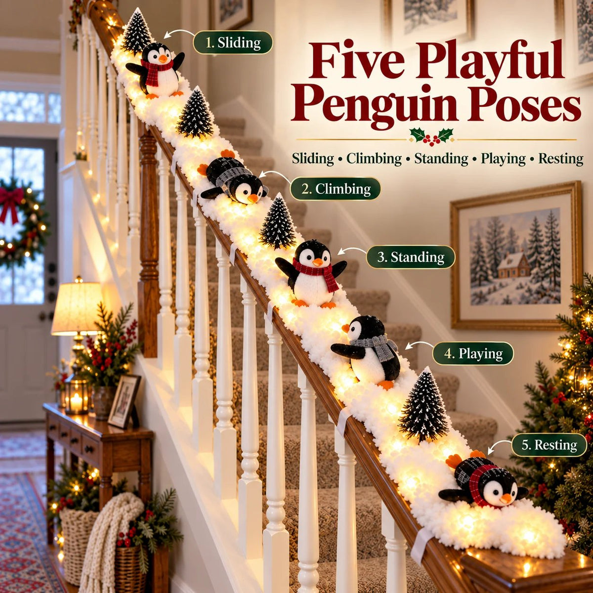 🔥 Hot Sale 40% OFF – Playful Penguin Snowy Stair Railing Decor 🐧❄️
