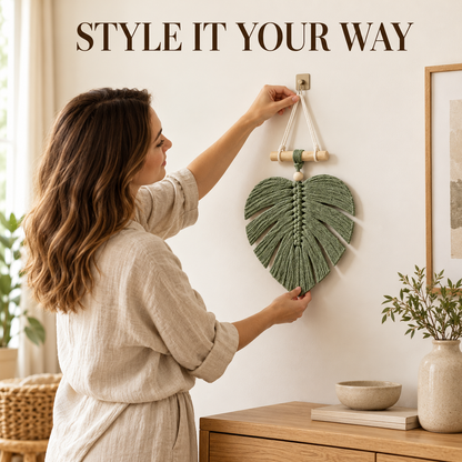🌿🏡Handwoven Monstera Leaf Wall Hanging – Boho Macramé Decor with Wooden Bead & Dowel