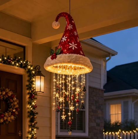 🎅🎅Santa Hat LED Hanging Light – Cascading Warm Fairy Lights with Festive Christmas Charms