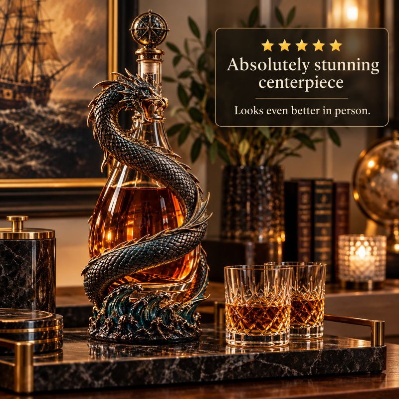 Leviathan Coil Dragon Decanter™ — Whiskey Decanter with Compass Stopper & Sculpted Dragon Design(No liquid included）