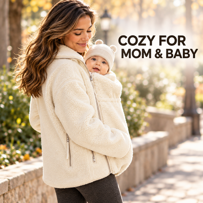 2-in-1 Maternity & Babywearing Teddy Fleece Jacket – Cozy Zip-Up Coat with Detachable Baby Panel for Moms