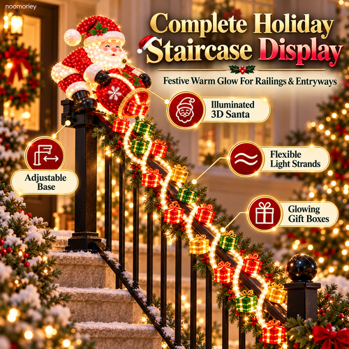 🎅🎄 Illuminated Santa Staircase Railing Christmas Display with Glowing Gift Lights ✨
