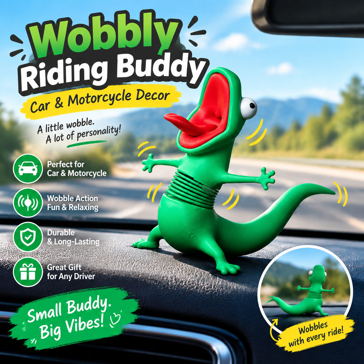 🦎 Wobbly Riding Buddy – Funny Car & Motorcycle Dashboard Decoration