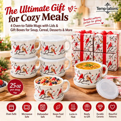 🍲🍲Temp-tations Set of 4 Mug Meals with Lid-it Lids & Gift Boxes – 25-oz Oven-to-Table Mugs for Soup, Oatmeal, Pasta & Desserts