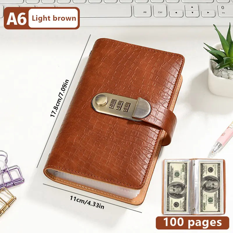 💰🔒 A6 PU Leather Savings Binder – 100 Clear Pockets & Resettable Combination Lock ✨