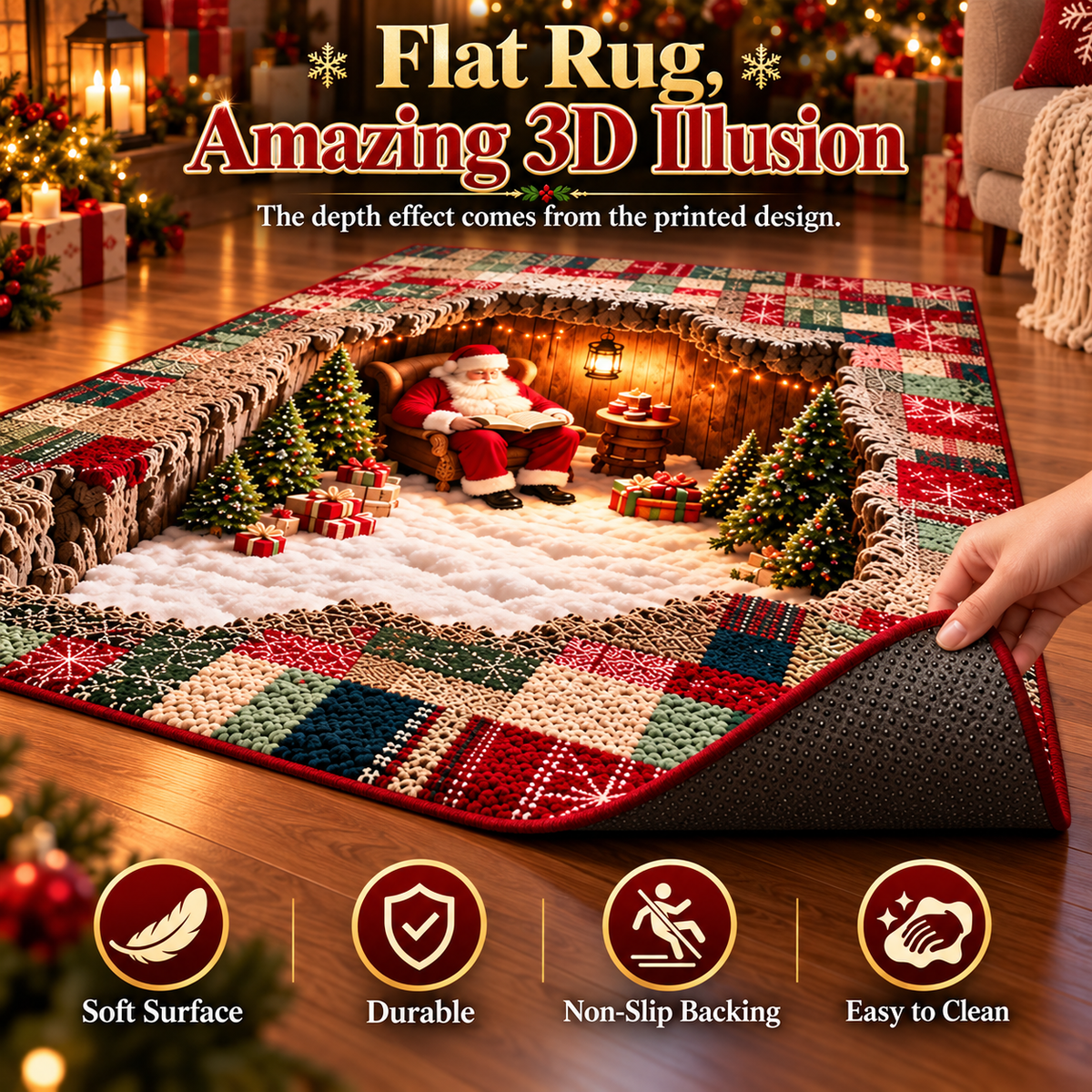 🛍️3D Optical Illusion Christmas Village Rug – Hidden Santa Winter Wonderland