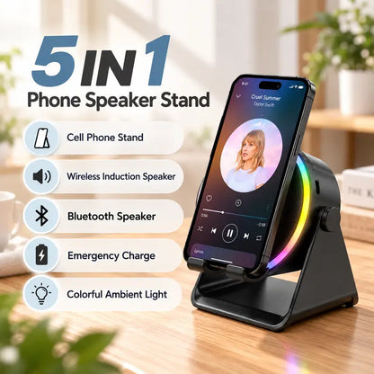 5-in-1 Wireless Bluetooth Speaker with 360° Rotating LED Charging Stand