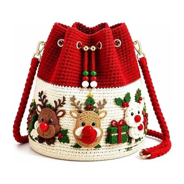 🎄 3D Christmas Crochet Bucket Bag – Festive Crossbody Purse with Detachable Strap