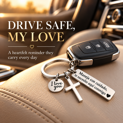 Drive Safe, I Need You Here With Me Keychain – Romantic Spanish Love Gift with Cross & I Love You Charm