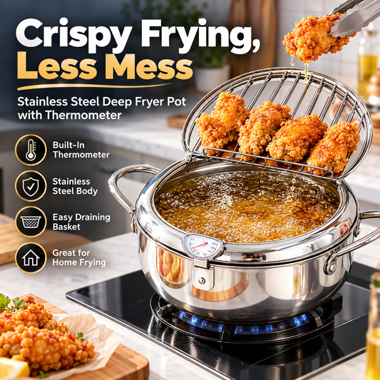 Stainless steel deep fryer pot with thermometer and basket