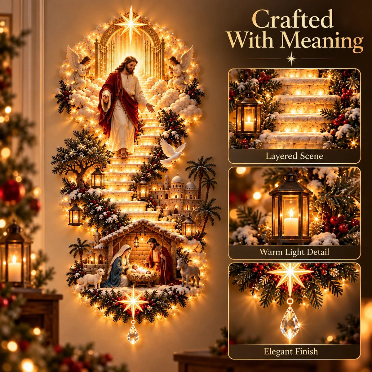 🔥✨ Jesus Light of Heaven Christmas Wall Hanging | Illuminated Nativity Stairway Decor ✝️
