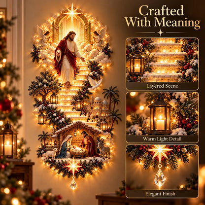 🔥✨ Jesus Light of Heaven Christmas Wall Hanging | Illuminated Nativity Stairway Decor ✝️