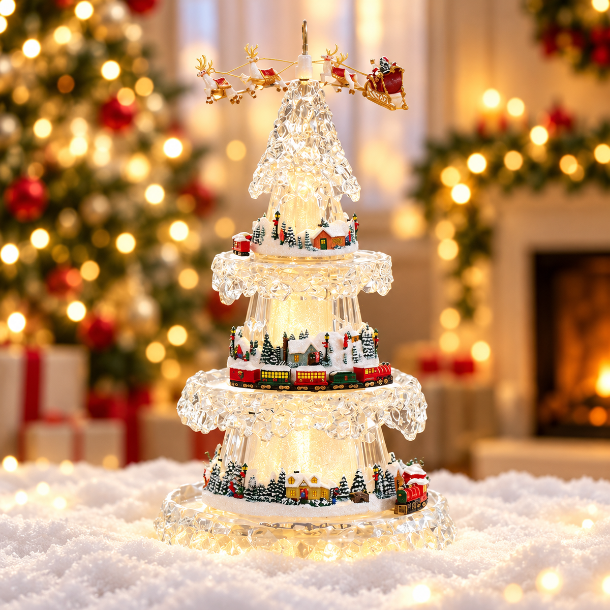 🎄Musical Christmas Tree with Animated Train – Light-Up Acrylic Holiday Village Tabletop Decoration