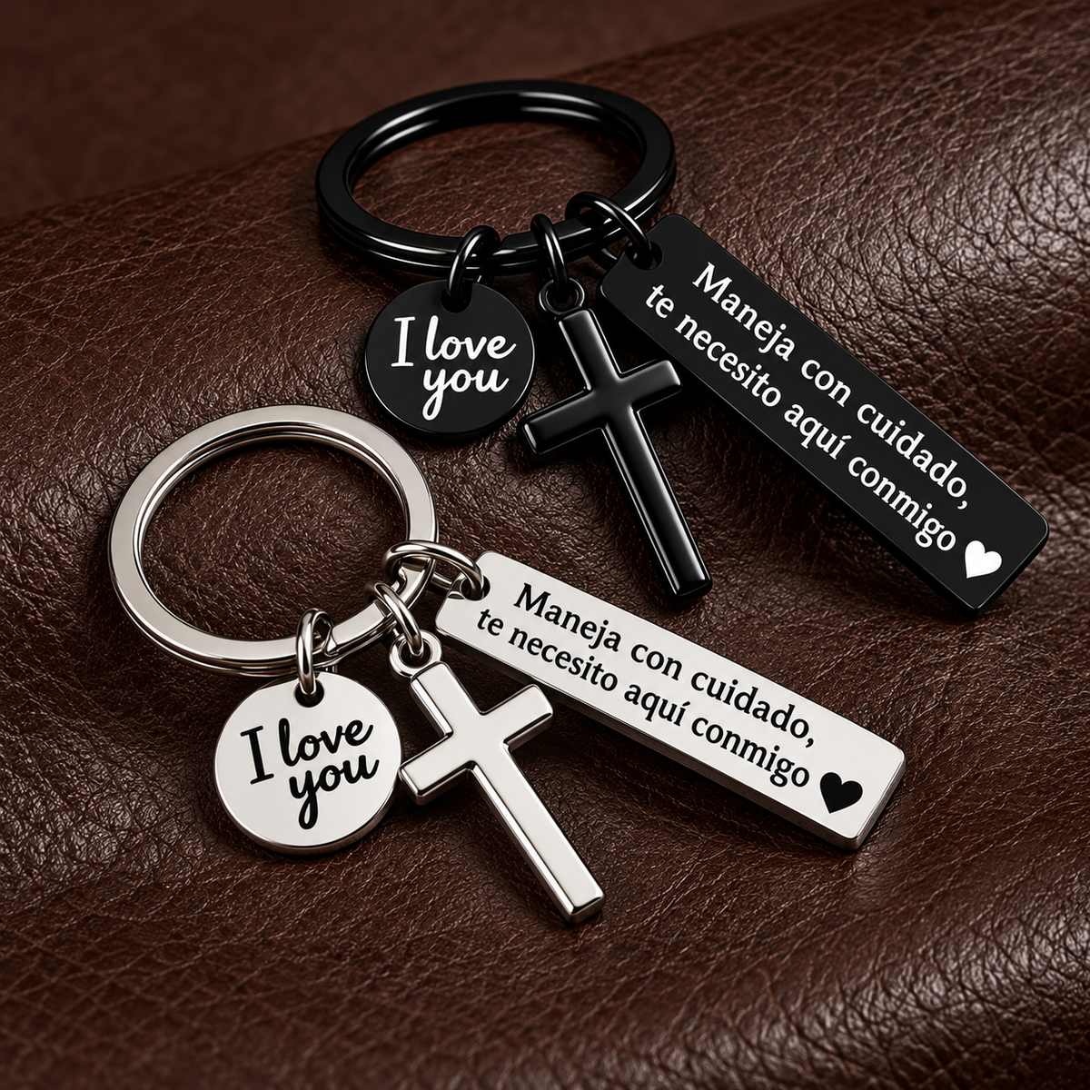 Spanish "Drive Safe" Keychain – Romantic Love Gift with Cross & Charm
