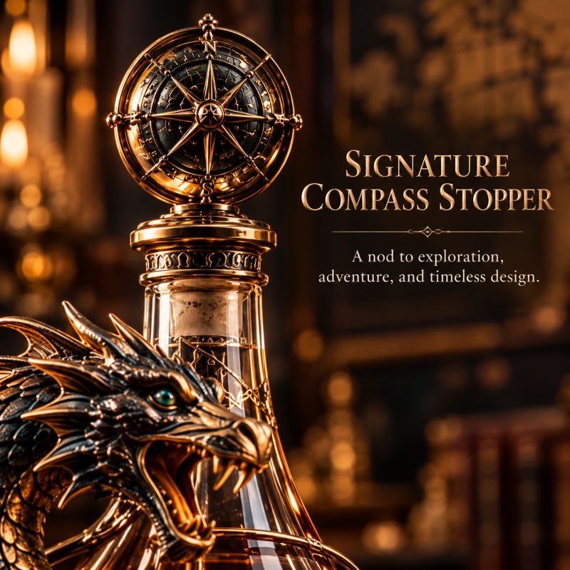 Leviathan Coil Dragon Decanter™ — Whiskey Decanter with Compass Stopper & Sculpted Dragon Design(No liquid included）
