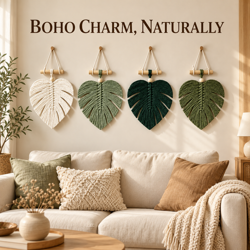 🌿🏡Handwoven Monstera Leaf Wall Hanging – Boho Macramé Decor with Wooden Bead & Dowel