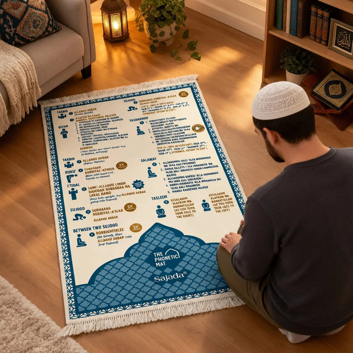 🕌 Step-by-Step Phonetic Padded Prayer Mat – Guided Learning & Comfort ✨