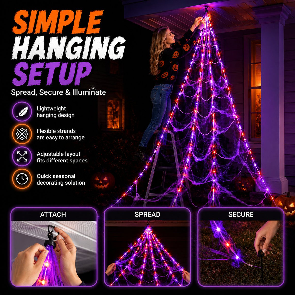 Giant Light-Up Spider Web Halloween Decoration