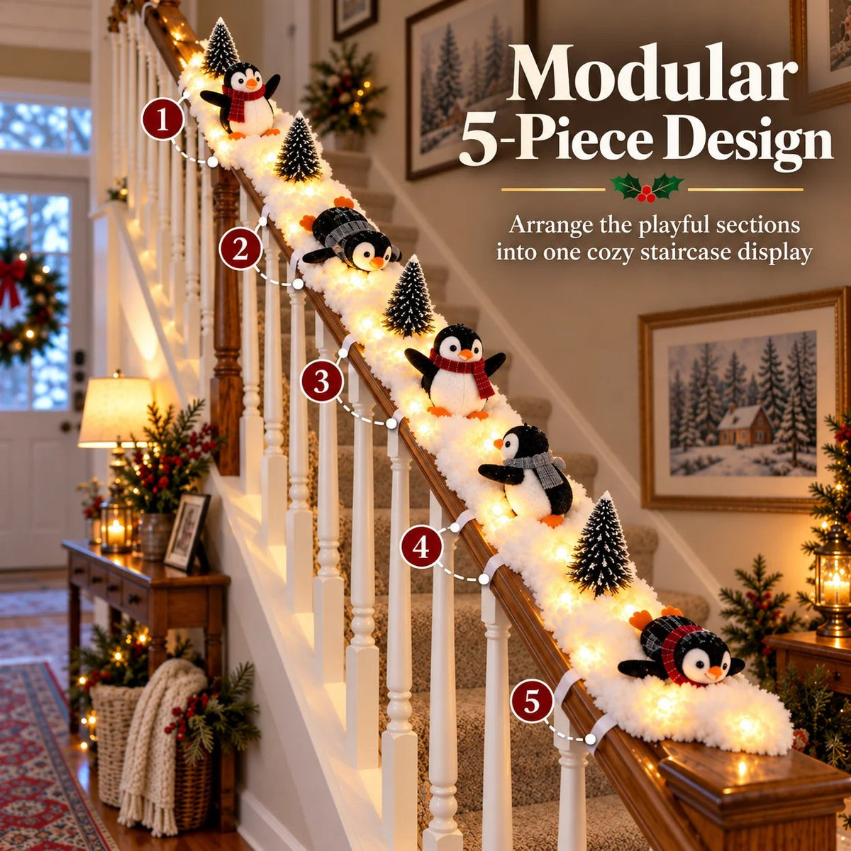 🔥 Hot Sale 40% OFF – Playful Penguin Snowy Stair Railing Decor 🐧❄️