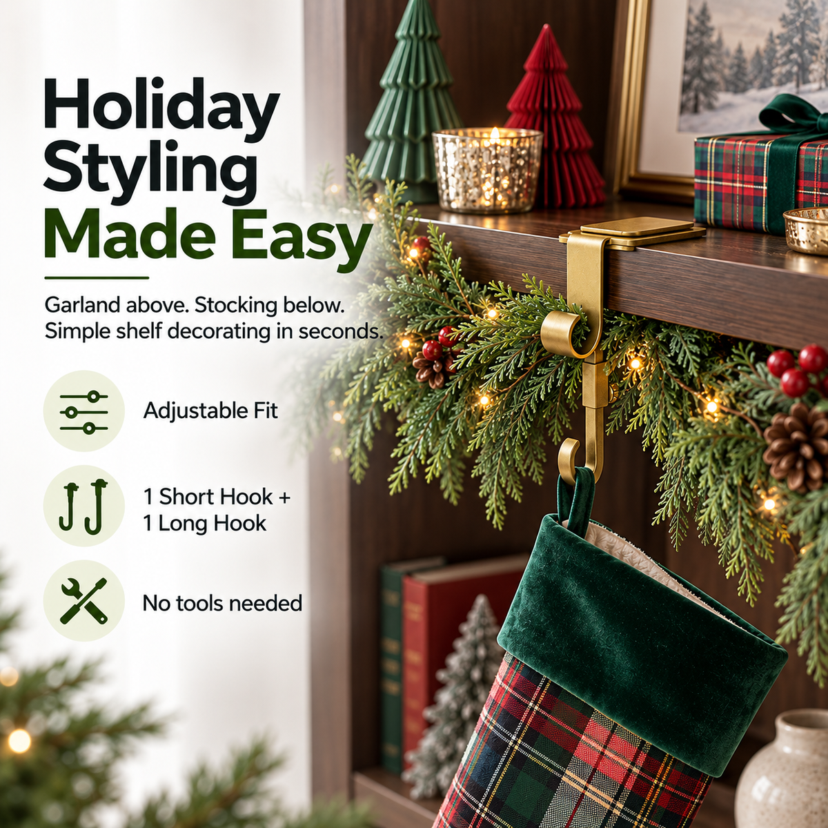 🎄 Christmas Shelf Stocking Hanger – Gold Shelf-Edge Hook for Garland & Holiday Decorations