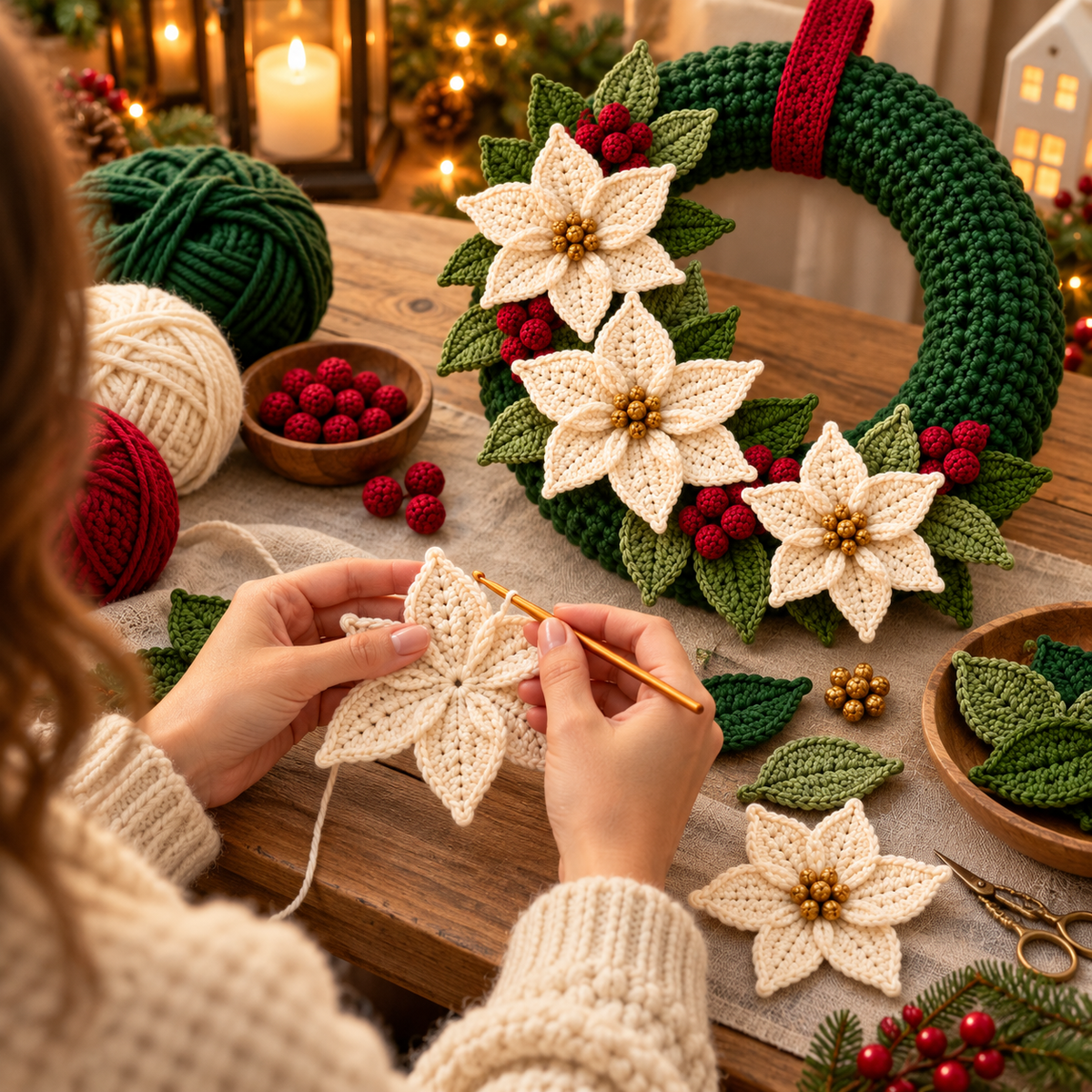 Crochet Christmas Wreath Pattern PDF – Poinsettia & Berry Wreath
