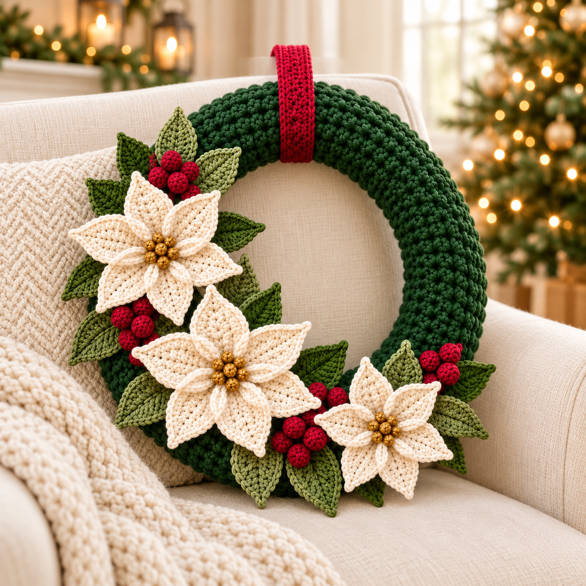 Crochet Christmas Wreath Pattern PDF – Poinsettia & Berry Wreath