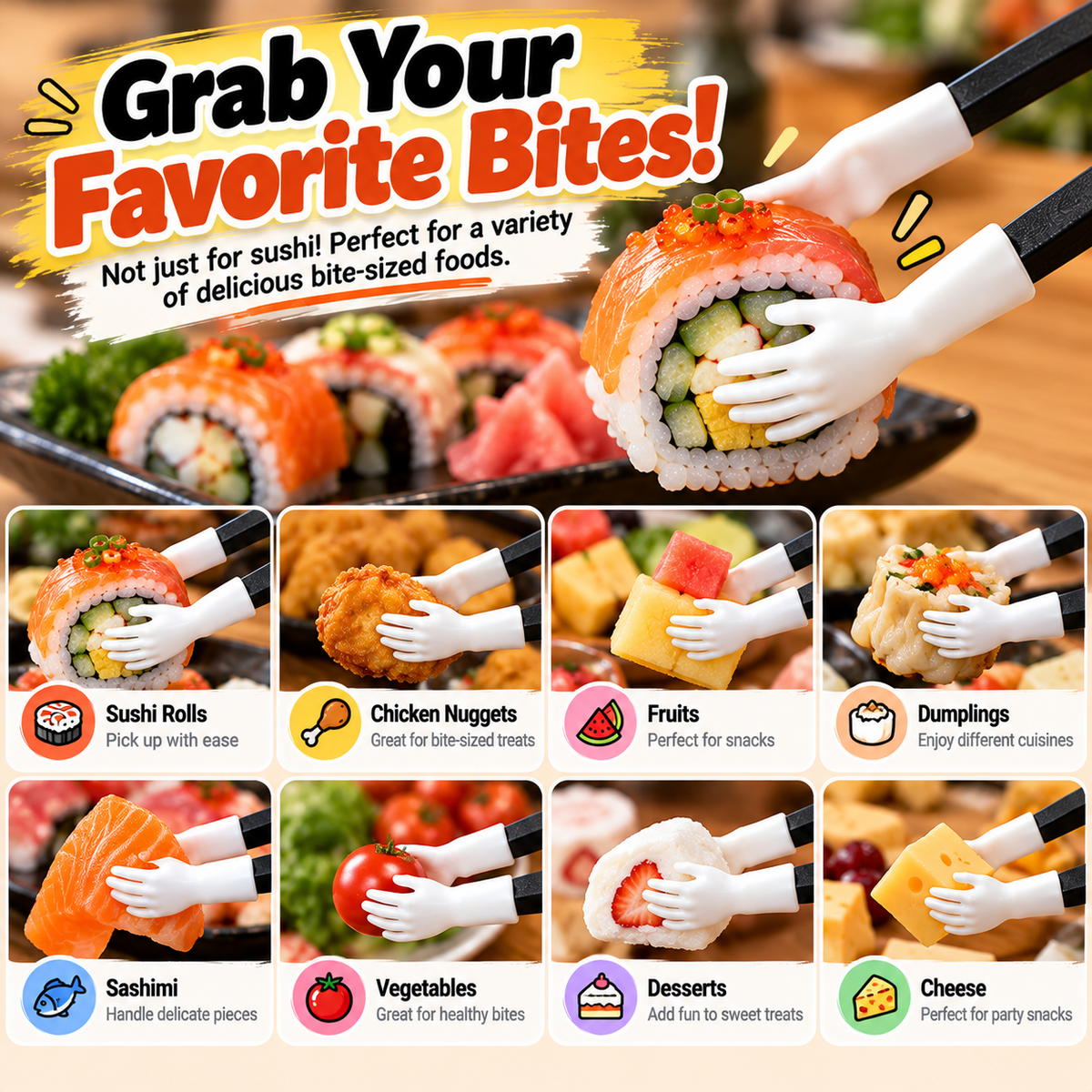 😂 Funny Tiny Hands Sushi Chopsticks – Hilarious Mini Hand Food Grabber for Sushi Lovers & Party Gifts